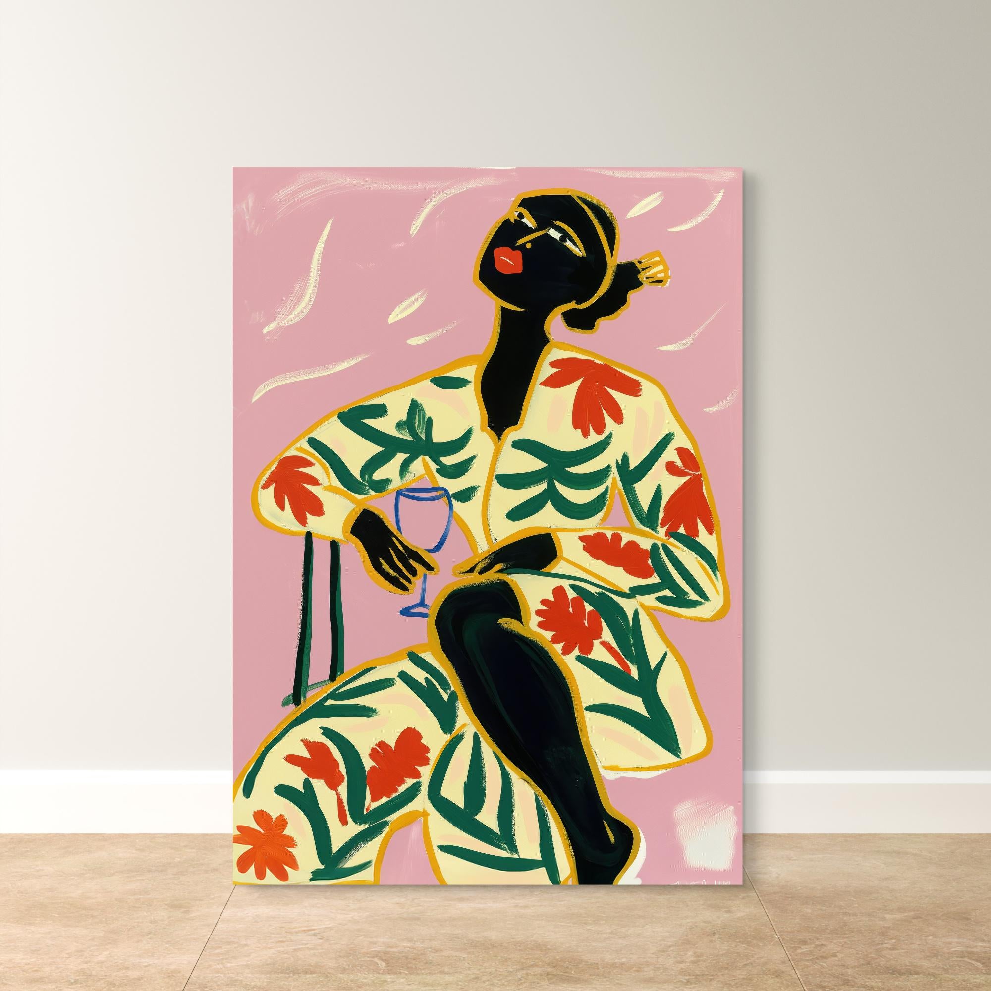 Afrocentric wall art featuring a bold woman in a floral outfit with vibrant colors on a pink background, available as a premium ready-to-hang canvas print.