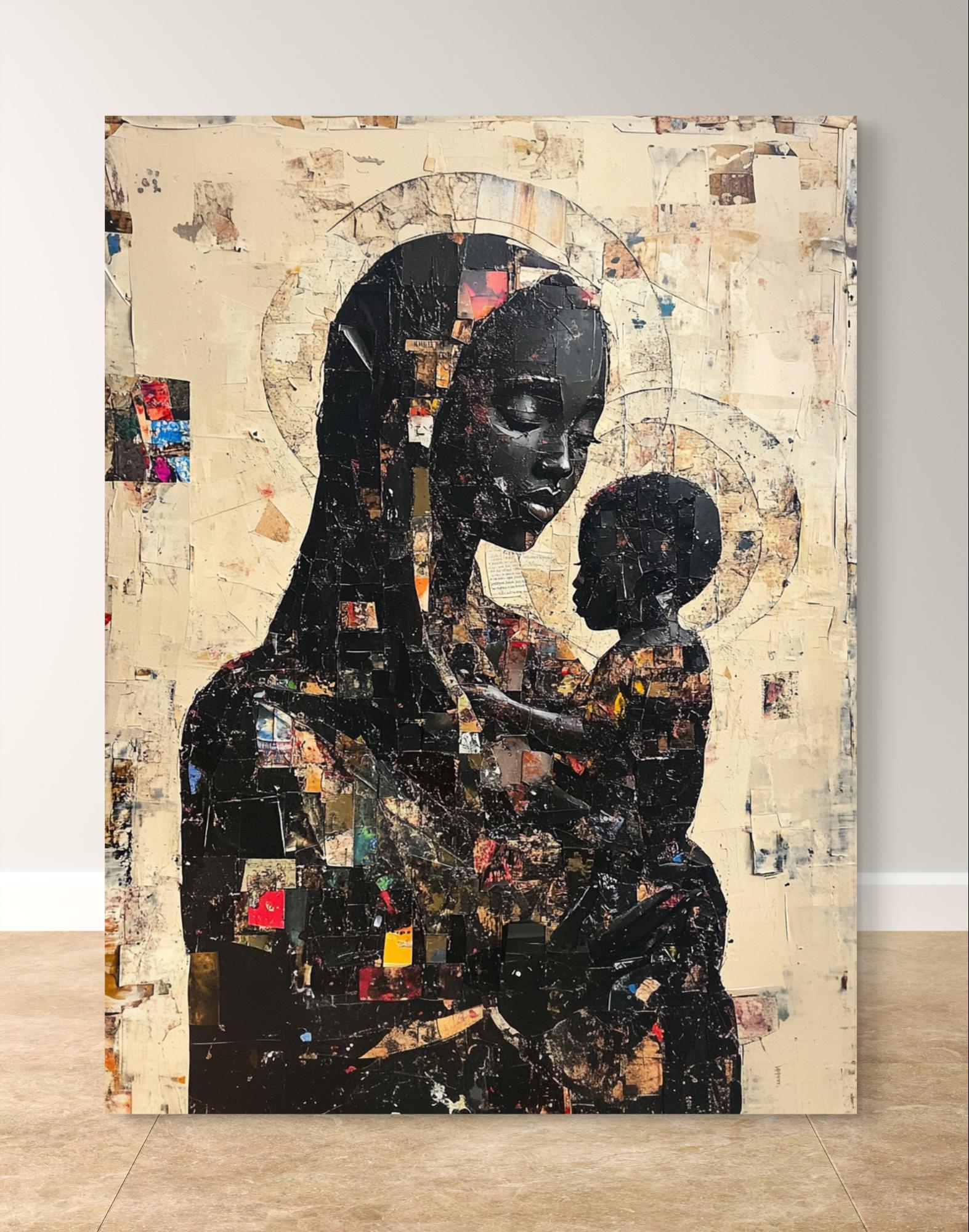 Black Madonna Afrocentric Wall Art on canvas or museum-quality paper, vibrant and fade-resistant, perfect for cultural home decor or gifts. Spiritual mother and child artwork for modern spaces, available as ready-to-hang canvas or frame-ready paper