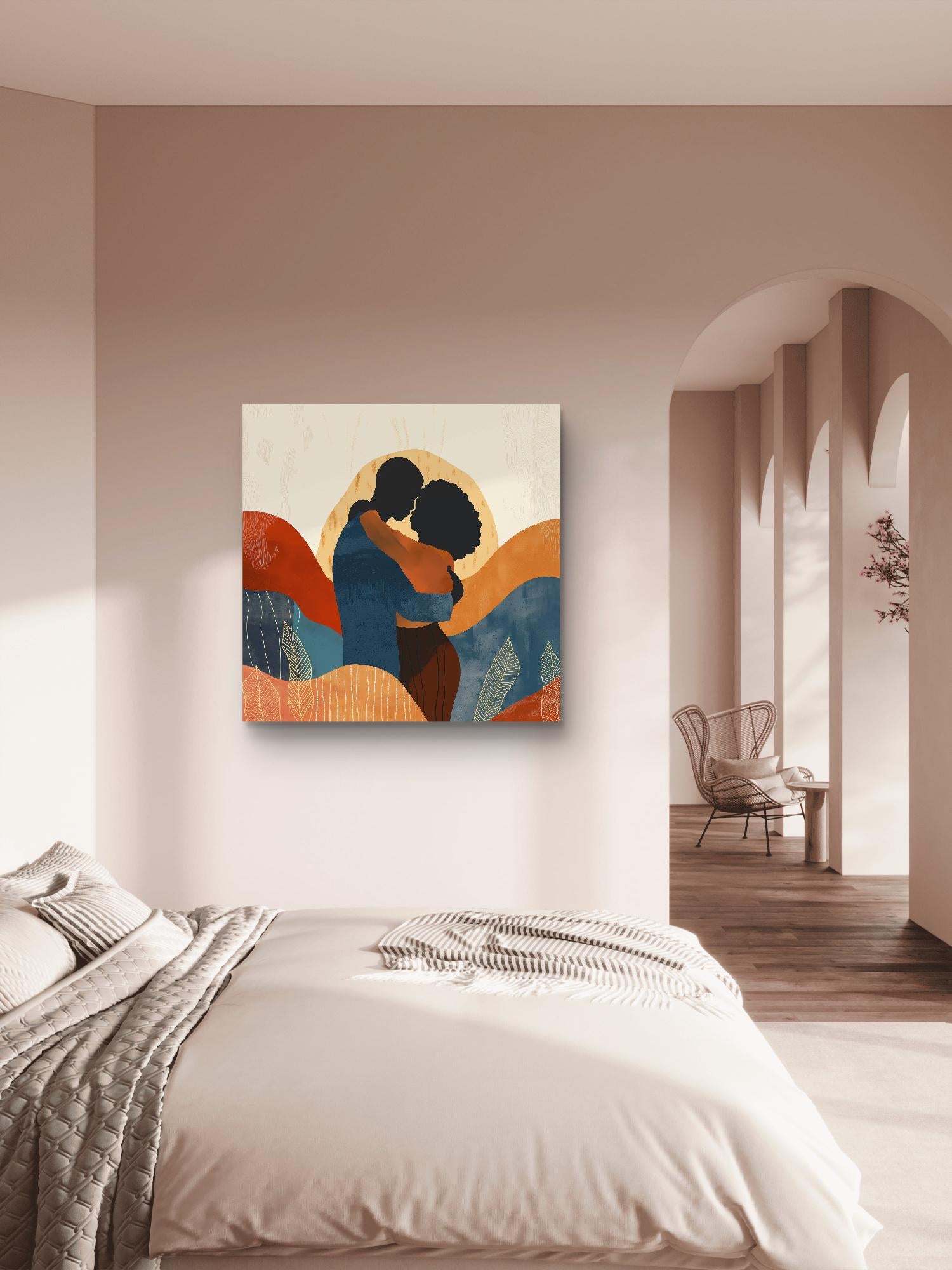 Romantic Afrocentric couple art featuring bold abstract patterns and warm tones, available as a premium ready-to-hang canvas print. Perfect for modern and cultural home decor.