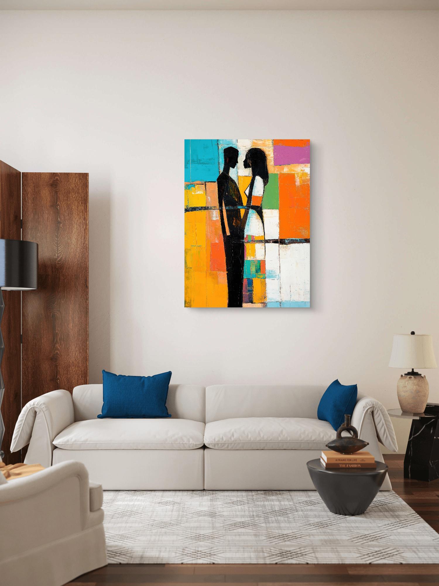 Timeless Embrace” canvas print featuring an abstract couple in a bold, colorful, textured design. Perfect for modern and Afrocentric romantic decor.