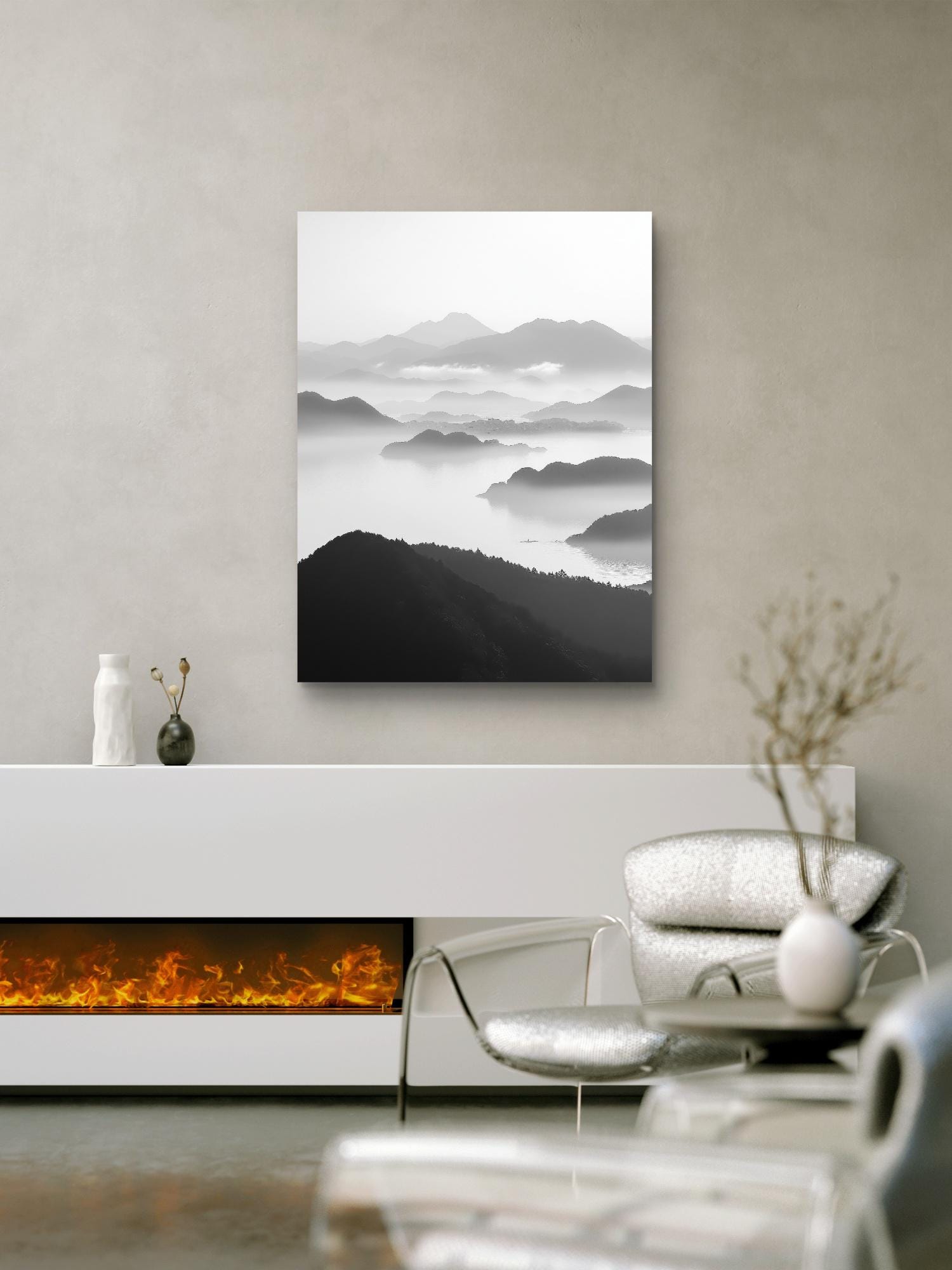 Tranquil Peaks black and white landscape print featuring mist-covered mountains and serene waters, available as a canvas or fine art paper print.