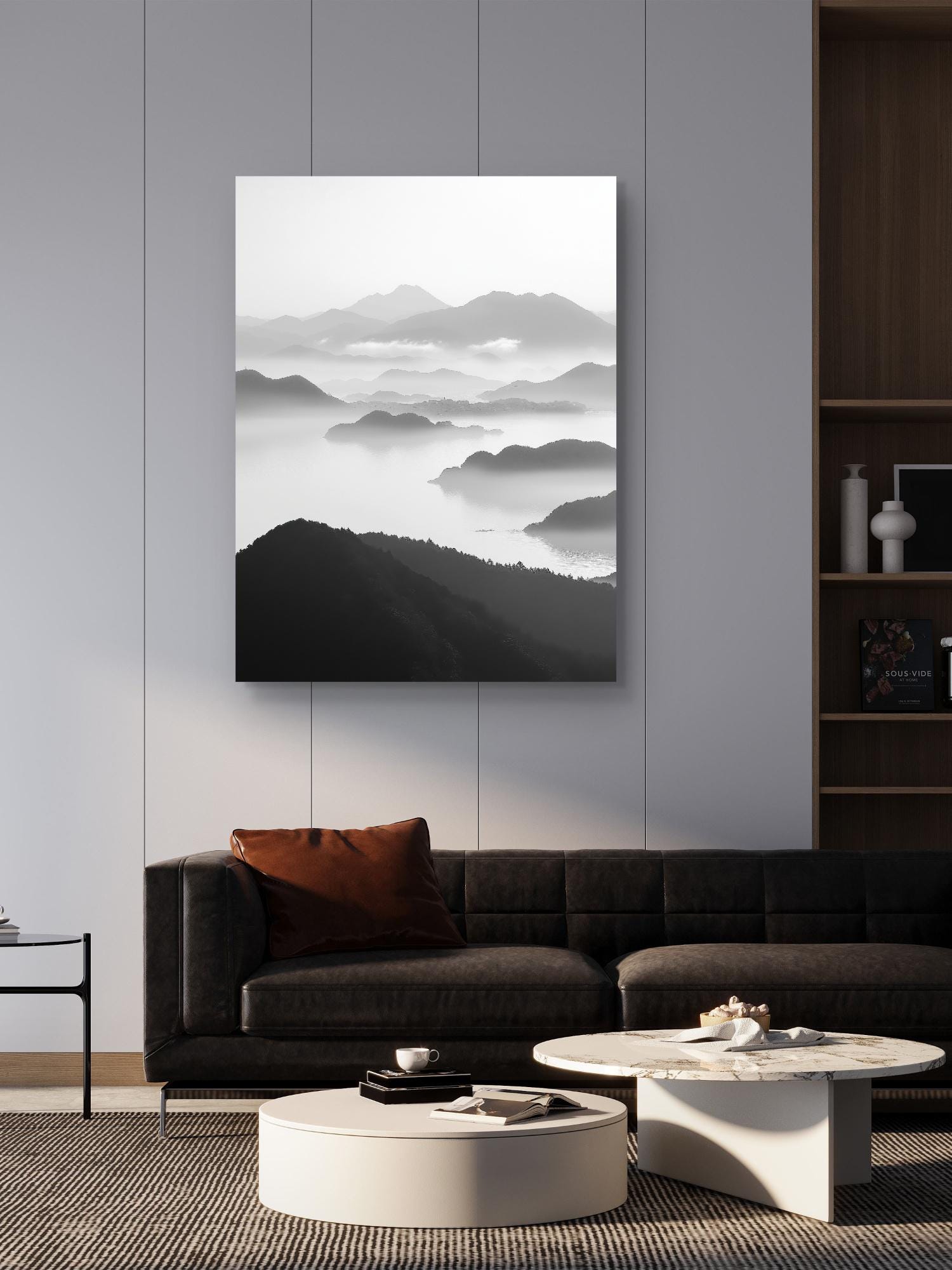 Tranquil Peaks black and white landscape print featuring mist-covered mountains and serene waters, available as a canvas or fine art paper print.