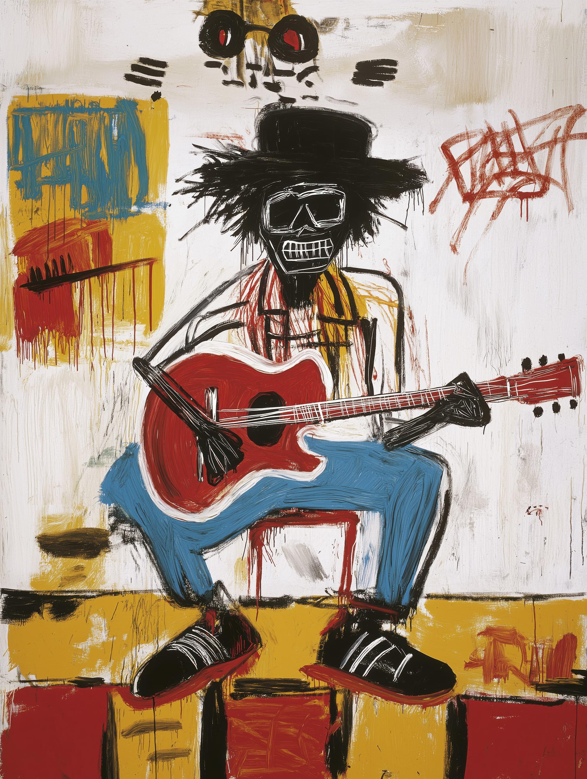 Abstract painting of a skeleton playing guitar with colorful splashes on a white background