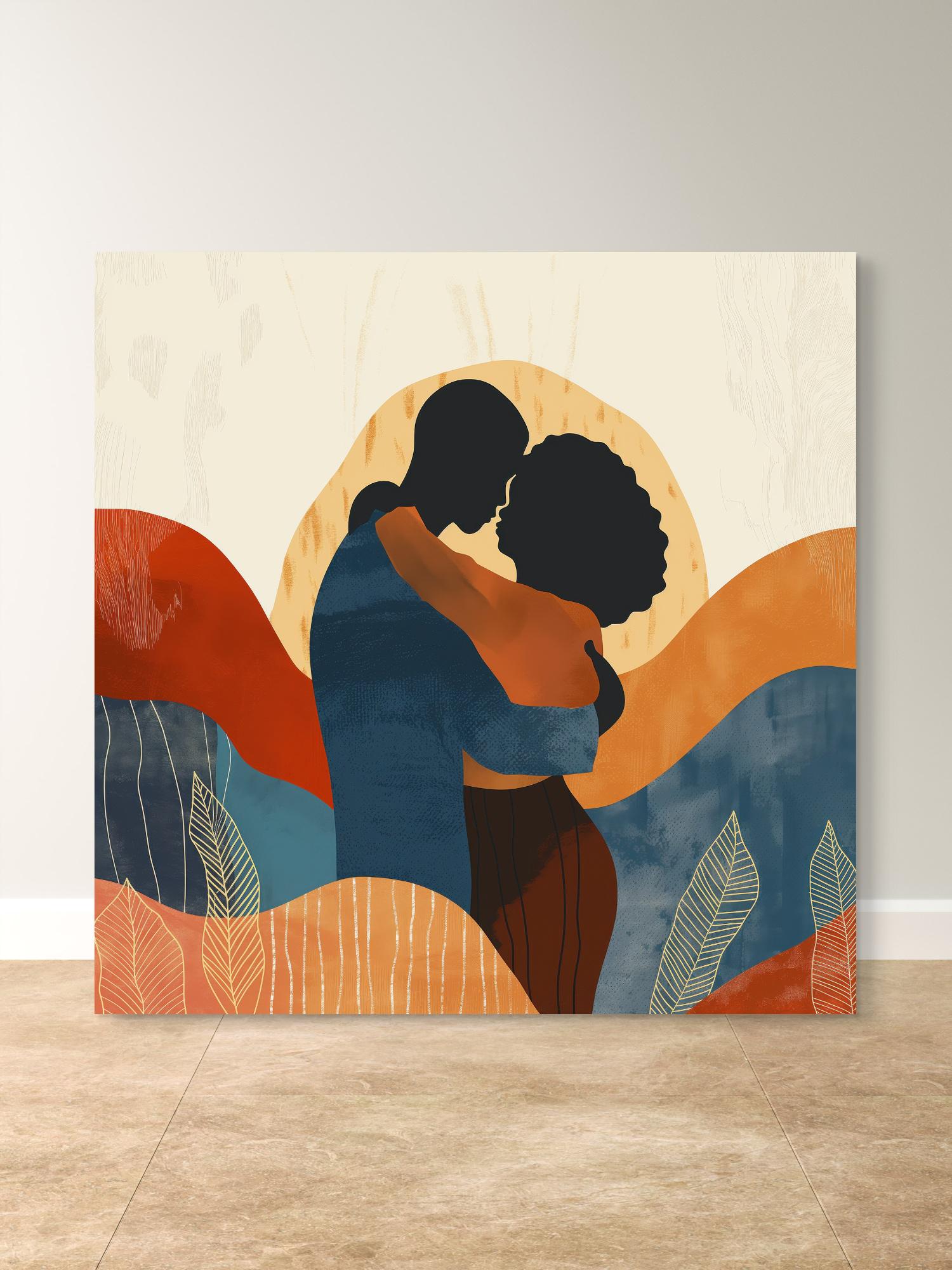 Romantic Afrocentric couple art featuring bold abstract patterns and warm tones, available as a premium ready-to-hang canvas print. Perfect for modern and cultural home decor.