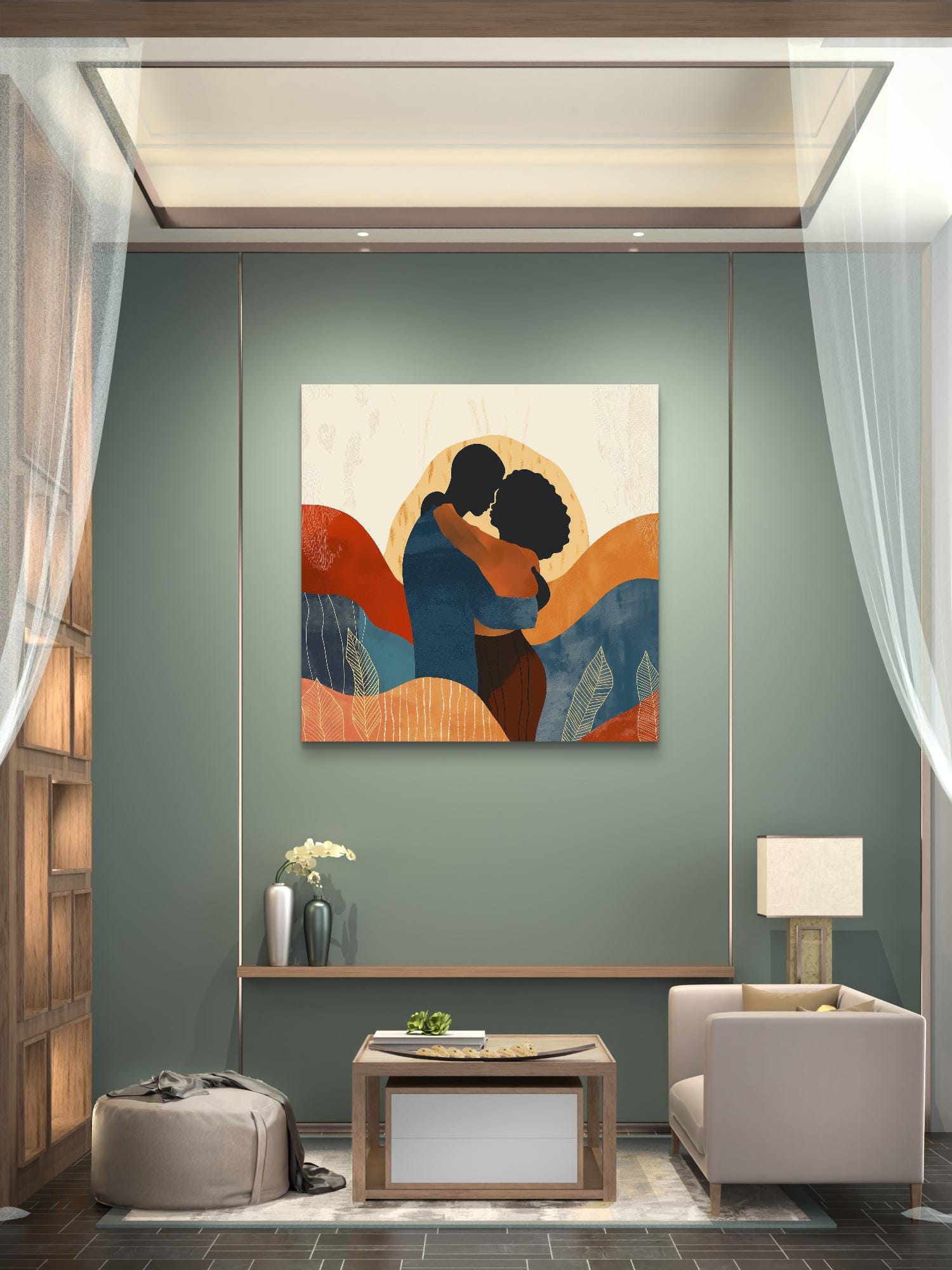 Romantic Afrocentric couple art featuring bold abstract patterns and warm tones, available as a premium ready-to-hang canvas print. Perfect for modern and cultural home decor.