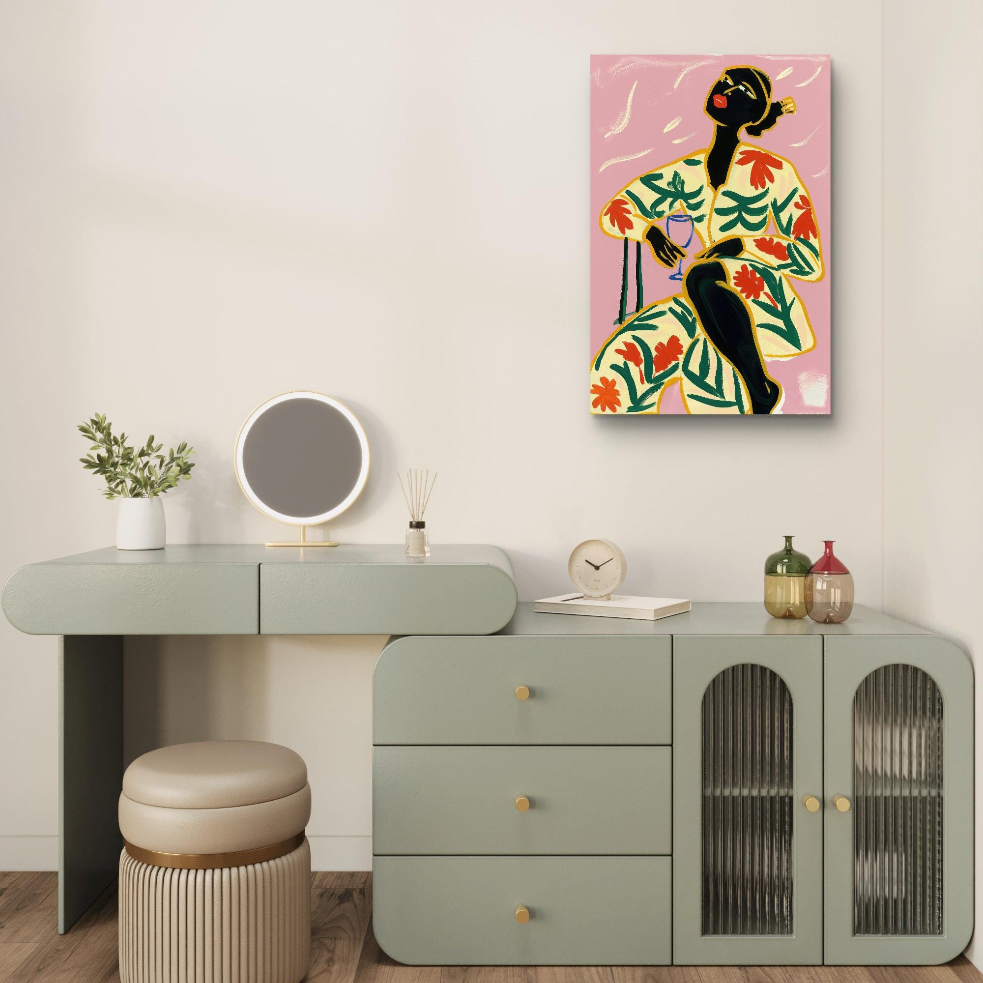 Afrocentric wall art featuring a bold woman in a floral outfit with vibrant colors on a pink background, available as a premium ready-to-hang canvas print.