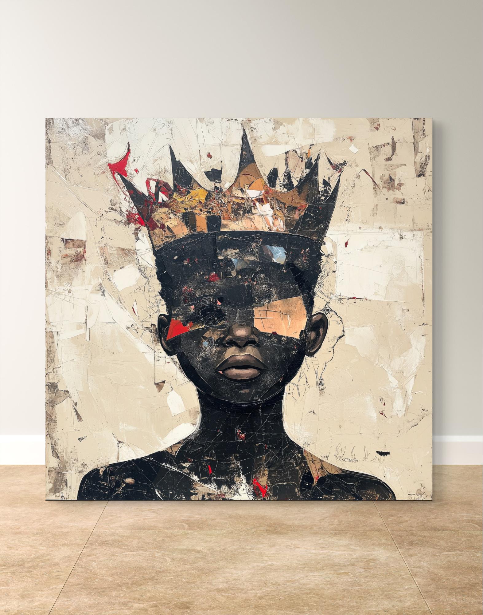 abstract portrait
crowned artwork
black royalty art
modern wall art
abstract canvas print
vibrant portrait
contemporary art decor
canvas crown art
mixed media print
urban art piece
Black empowerment art
colorful abstract art
regal art print