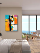 Timeless Embrace” canvas print featuring an abstract couple in a bold, colorful, textured design. Perfect for modern and Afrocentric romantic decor.
