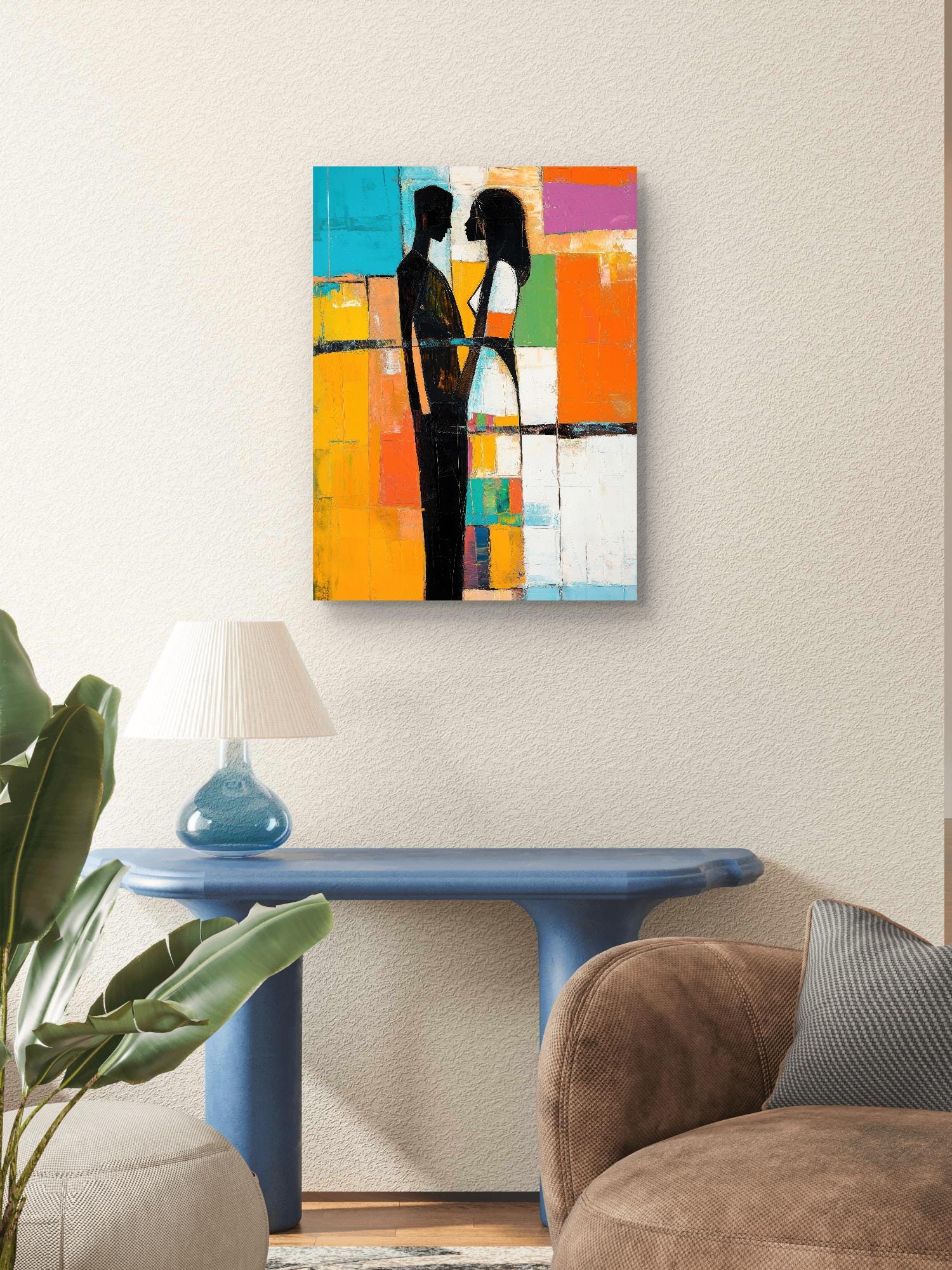 Timeless Embrace” canvas print featuring an abstract couple in a bold, colorful, textured design. Perfect for modern and Afrocentric romantic decor.