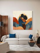 Romantic Afrocentric couple art featuring bold abstract patterns and warm tones, available as a premium ready-to-hang canvas print. Perfect for modern and cultural home decor.