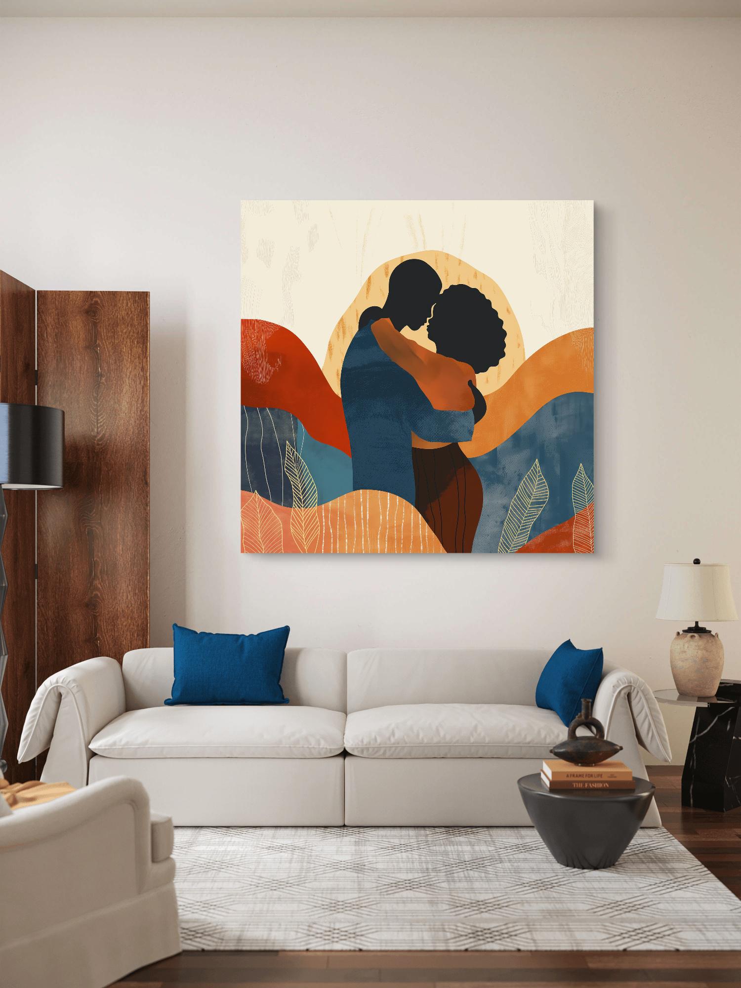 Romantic Afrocentric couple art featuring bold abstract patterns and warm tones, available as a premium ready-to-hang canvas print. Perfect for modern and cultural home decor.