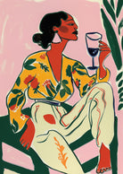 Afrocentric wall art featuring a bold woman with a glass of wine, vibrant colors, and abstract patterns, available as a premium ready-to-hang canvas print.