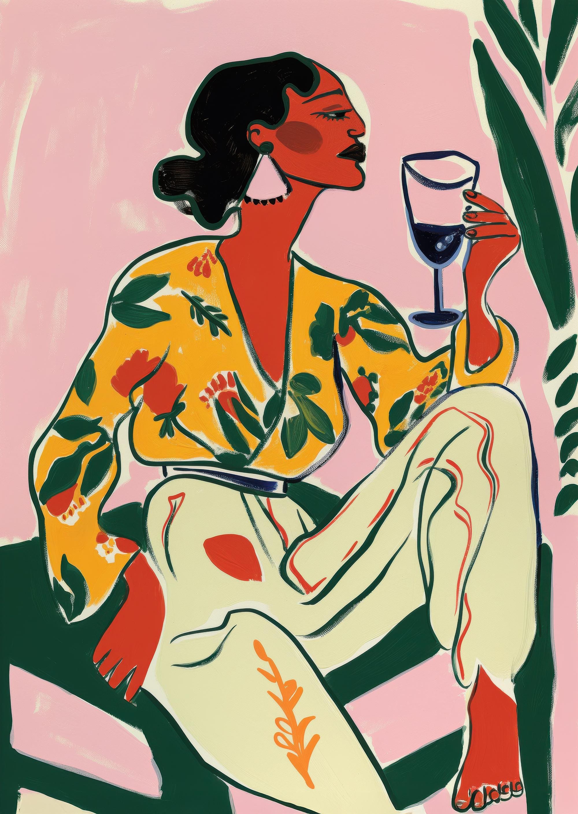 Afrocentric wall art featuring a bold woman with a glass of wine, vibrant colors, and abstract patterns, available as a premium ready-to-hang canvas print.