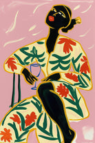 Afrocentric wall art featuring a bold woman in a floral outfit with vibrant colors on a pink background, available as a premium ready-to-hang canvas print.