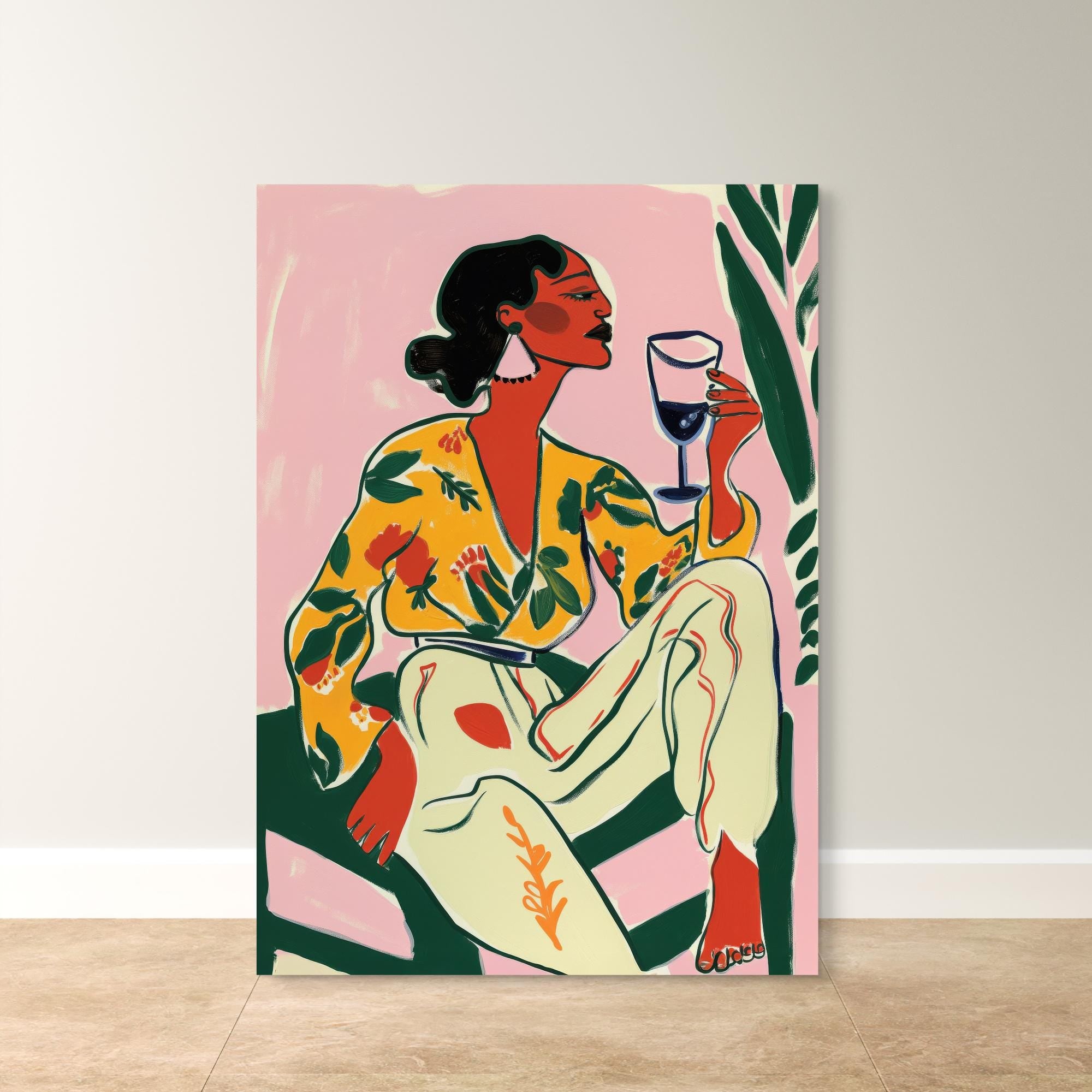 Afrocentric wall art featuring a bold woman with a glass of wine, vibrant colors, and abstract patterns, available as a premium ready-to-hang canvas print.