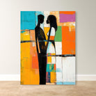 Timeless Embrace canvas print featuring an abstract couple in a bold, colorful, textured design. Perfect for modern and Afrocentric romantic decor.