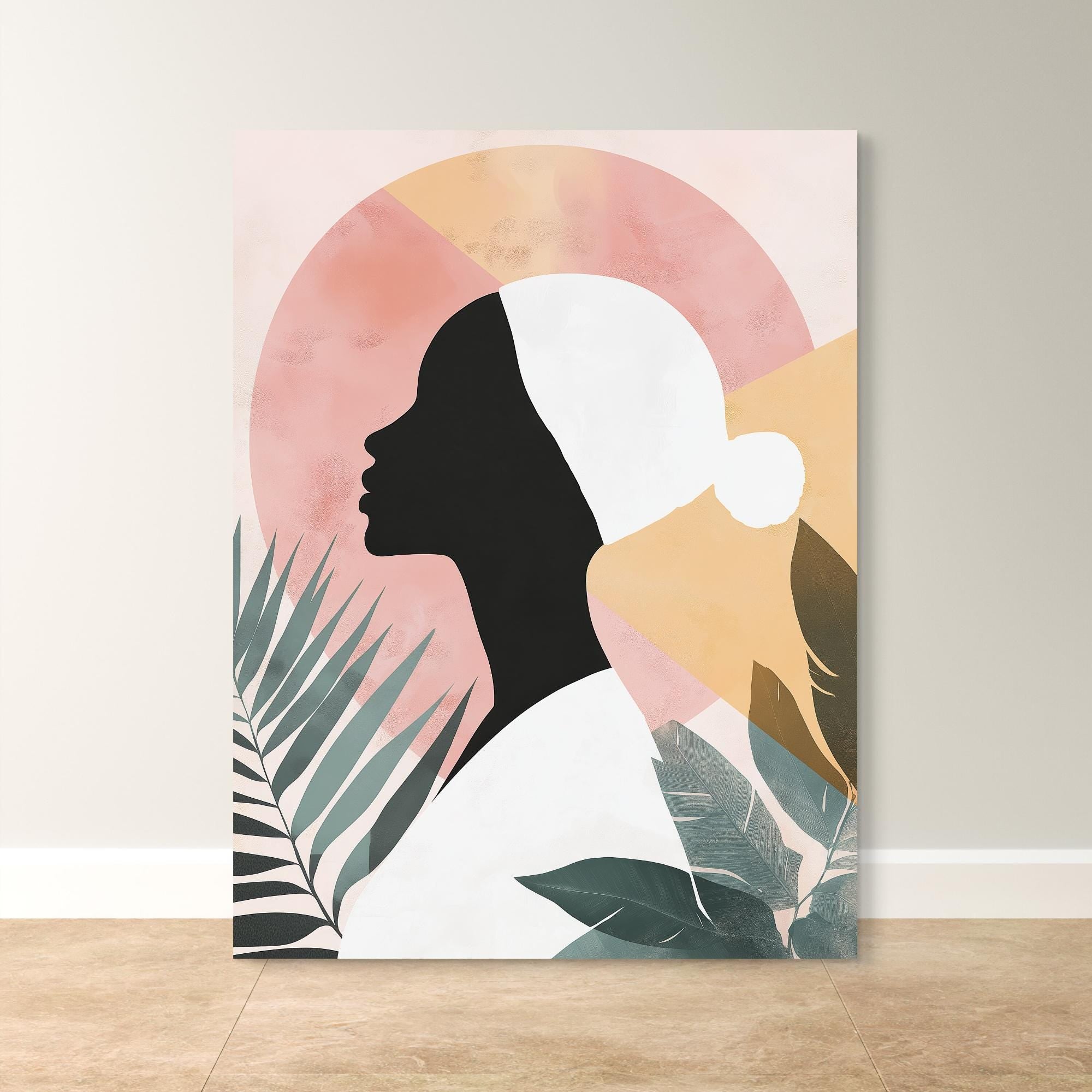 Radiant Essence abstract art print featuring a black female silhouette surrounded by tropical leaves and warm sunlight, available as a canvas or paper print.