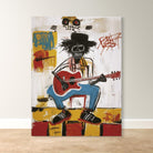 Colorful abstract painting of a figure playing guitar on a white wall.