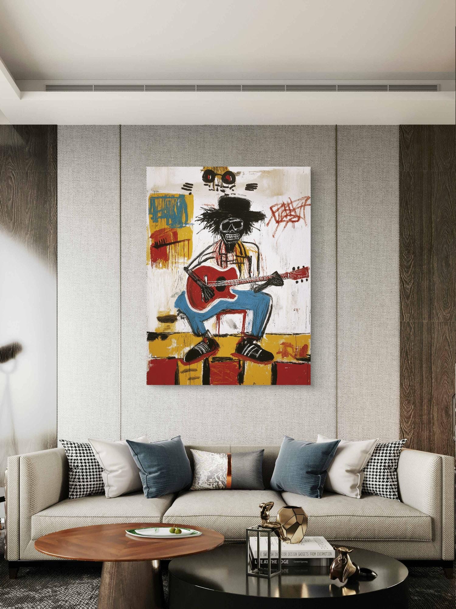 Modern living room with a colorful abstract painting of a person playing guitar on the wall.