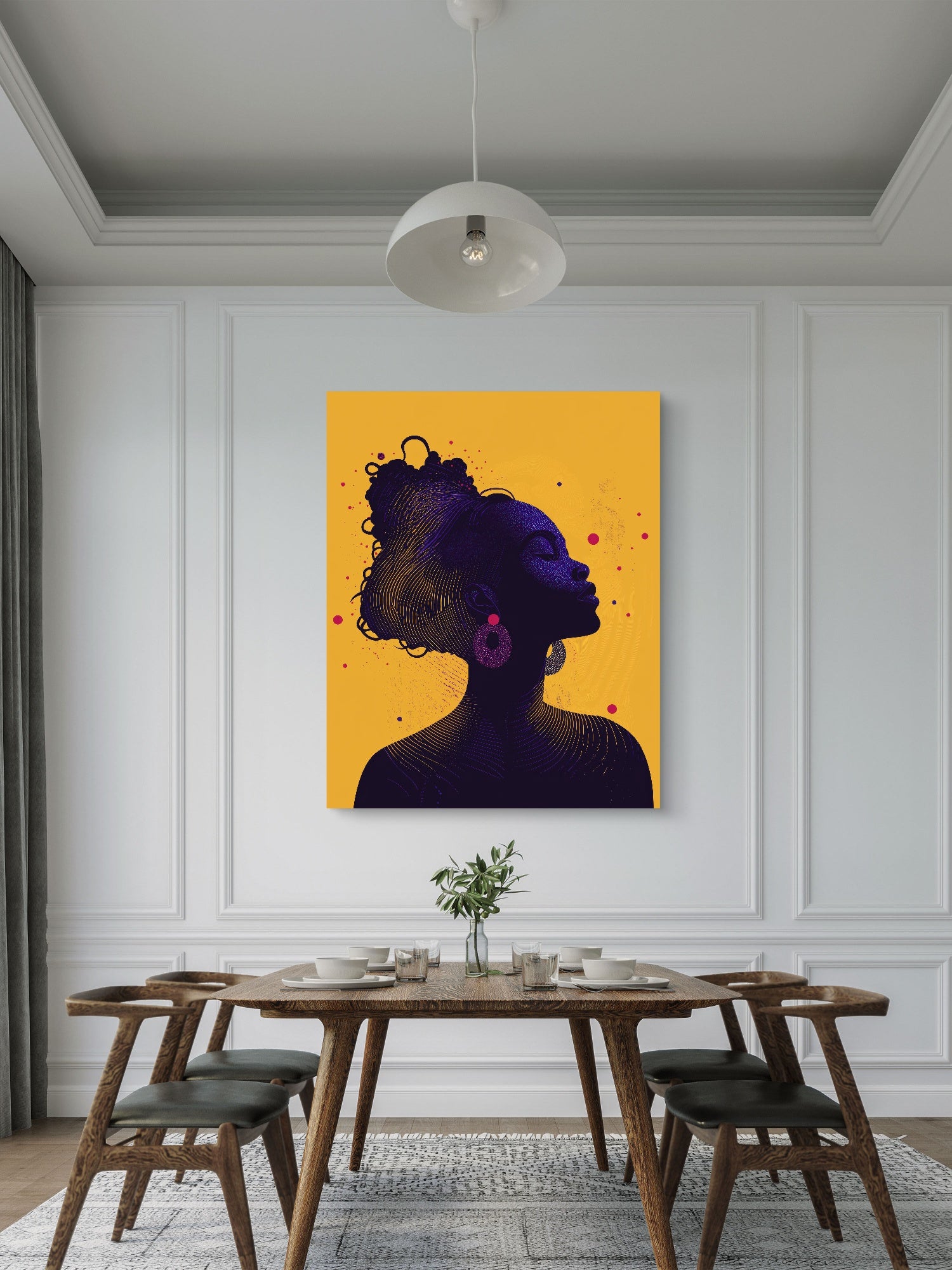 Dining room with a large abstract painting of a woman's silhouette on an orange background.
